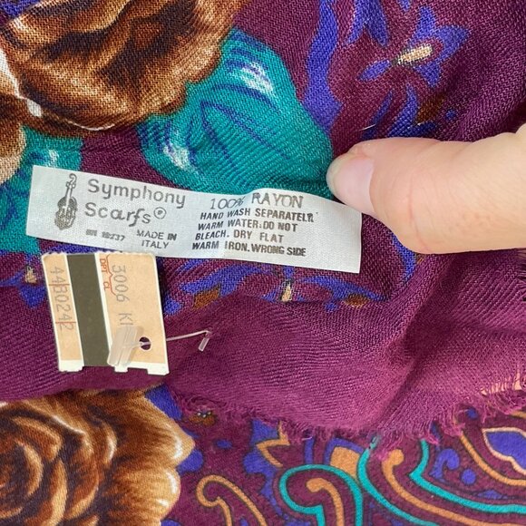 NWT Vintage Symphony Floral Fringe Square Scarf OS Womens Purple Rayon 70s 80s - Picture 2 of 7